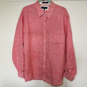 Alan Flusser Linen Shirt Men's XL Orange White Gingham Button Front Stain